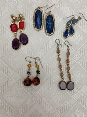5 Assorted Women’s Dangle Earrings - Blue, Purple, Red, Amber Options